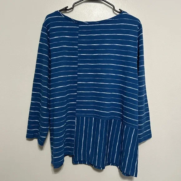 Habitat Women's Top XL Blue Striped Asymmetrical 3/4 Sleeve Cotton Tunic Coastal - Picture 2 of 9